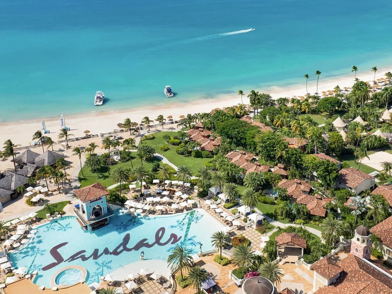 A Sandals resort from above: the beach, the gardens and the Sandals pool